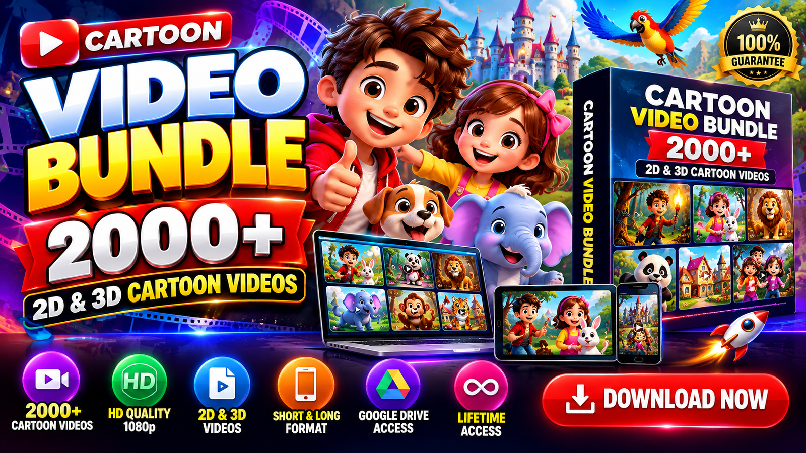 2000+ Ready-to-Upload 2D & 3D Cartoon Videos